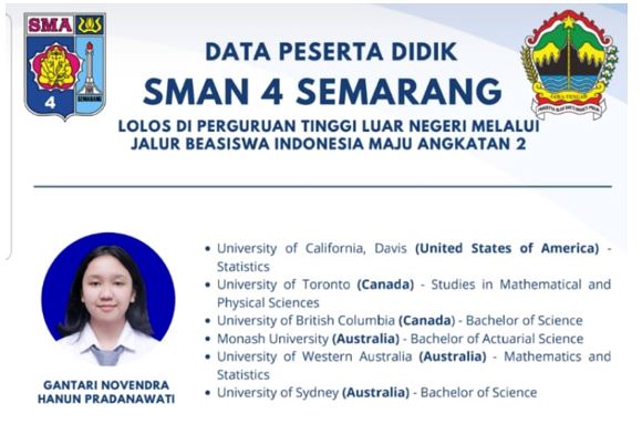 Selamat dan Sukses Untuk Tiga Siswa SMA Negeri 4 Semarang Di Kampus Luar Negeri