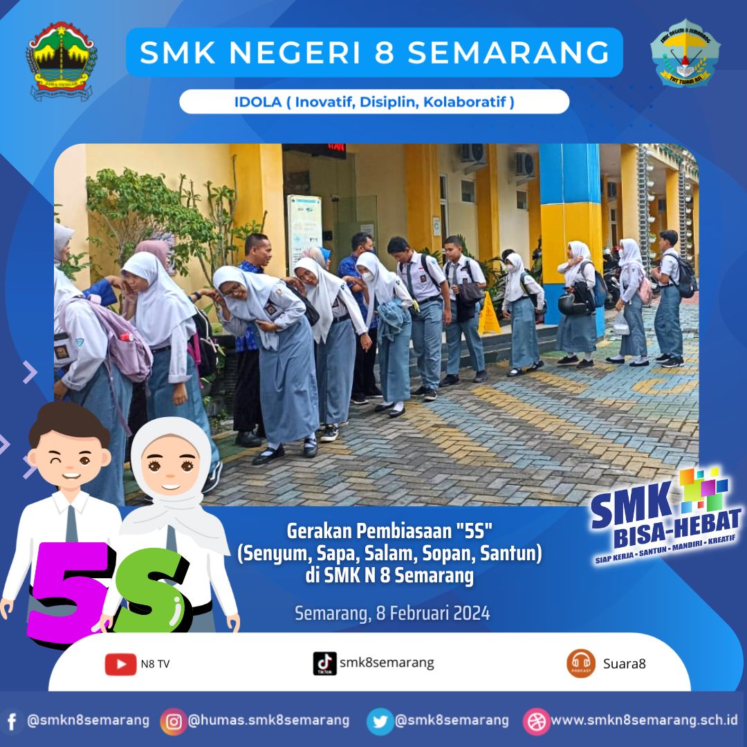 Gerakan "5S" Mewarnai Kehidupan Sehari-hari di SMK Negeri 8 Semarang: Senyum, Sapa, Salam, Sopan, Santun